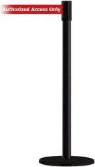 Tensator - 38" High, 2" Pole Diam, Barricade Tape Dispenser - 14" Base Diam, Round Plastic Base, Black Steel Post, 7-1/2' x 1-7/8" Tape, Single Line Tape, For Outdoor Use - Eagle Tool & Supply