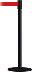 Tensator - 38" High, 2" Pole Diam, Barricade Tape Dispenser - 14" Base Diam, Round Plastic Base, Black Steel Post, 7-1/2' x 1-7/8" Tape, Single Line Tape, For Outdoor Use - Eagle Tool & Supply