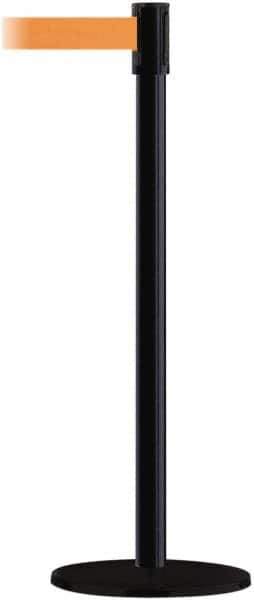 Tensator - 38" High, 2" Pole Diam, Barricade Tape Dispenser - 14" Base Diam, Round Plastic Base, Black Steel Post, 7-1/2' x 1-7/8" Tape, Single Line Tape, For Outdoor Use - Eagle Tool & Supply