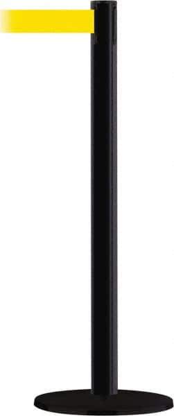Tensator - 38" High, 2-1/2" Pole Diam, Barricade Tape Dispenser - 14" Base Diam, Round Stainless Steel Base, Black Steel Post, 13' x 1-7/8" Tape, Single Line Tape, For Outdoor Use - Eagle Tool & Supply