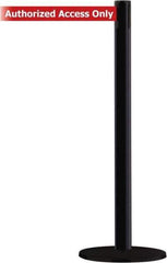 Tensator - 38" High, 2-1/2" Pole Diam, Barricade Tape Dispenser - 14" Base Diam, Round Stainless Steel Base, Black Steel Post, 13' x 1-7/8" Tape, Single Line Tape, For Outdoor Use - Eagle Tool & Supply