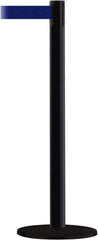 Tensator - 38" High, 2-1/2" Pole Diam, Barricade Tape Dispenser - 14" Base Diam, Round Stainless Steel Base, Black Steel Post, 13' x 1-7/8" Tape, Single Line Tape, For Outdoor Use - Eagle Tool & Supply