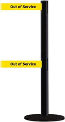 Tensator - 38" High, 2-1/2" Pole Diam, Barricade Tape Dispenser - 14" Base Diam, Round Plastic Base, Black Steel Post, 13' x 1-7/8" Tape, Dual Line Tape, For Outdoor Use - Eagle Tool & Supply