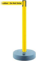 Tensator - 38" High, 2-1/2" Pole Diam, Barricade Tape Dispenser - 14" Base Diam, Round Plastic Base, Yellow Polymer Post, 7-1/2' x 1-7/8" Tape, Single Line Tape, For Outdoor Use - Eagle Tool & Supply