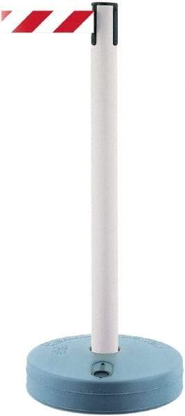 Tensator - 38" High, 2-1/2" Pole Diam, Barricade Tape Dispenser - 14" Base Diam, Round Plastic Base, White Polymer Post, 7-1/2' x 1-7/8" Tape, Single Line Tape, For Outdoor Use - Eagle Tool & Supply