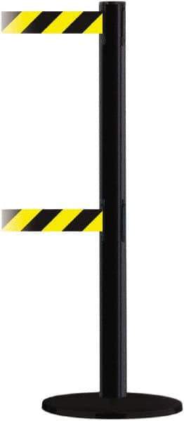 Tensator - 38" High, 2-1/2" Pole Diam, Barricade Tape Dispenser - 14" Base Diam, Round Plastic Base, Black Steel Post, 13' x 1-7/8" Tape, Dual Line Tape, For Outdoor Use - Eagle Tool & Supply