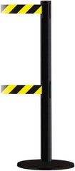 Tensator - 38" High, 2-1/2" Pole Diam, Barricade Tape Dispenser - 14" Base Diam, Round Plastic Base, Black Steel Post, 13' x 1-7/8" Tape, Dual Line Tape, For Outdoor Use - Eagle Tool & Supply