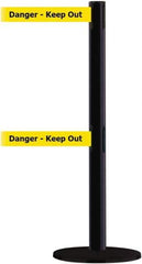 Tensator - 38" High, 2-1/2" Pole Diam, Barricade Tape Dispenser - 14" Base Diam, Round Plastic Base, Black Steel Post, 7-1/2' x 1-7/8" Tape, Dual Line Tape, For Outdoor Use - Eagle Tool & Supply
