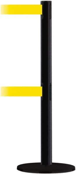 Tensator - 38" High, 2-1/2" Pole Diam, Barricade Tape Dispenser - 14" Base Diam, Round Plastic Base, Black Steel Post, 7-1/2' x 1-7/8" Tape, Dual Line Tape, For Outdoor Use - Eagle Tool & Supply