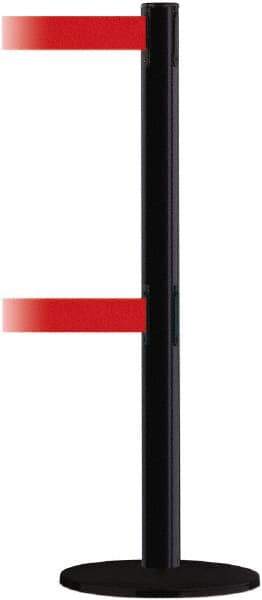Tensator - 38" High, 2-1/2" Pole Diam, Barricade Tape Dispenser - 14" Base Diam, Round Plastic Base, Black Steel Post, 7-1/2' x 1-7/8" Tape, Dual Line Tape, For Outdoor Use - Eagle Tool & Supply