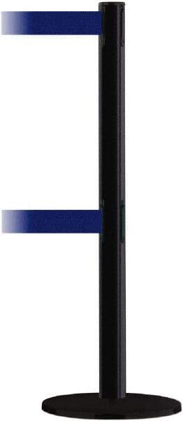 Tensator - 38" High, 2-1/2" Pole Diam, Barricade Tape Dispenser - 14" Base Diam, Round Plastic Base, Black Steel Post, 7-1/2' x 1-7/8" Tape, Dual Line Tape, For Outdoor Use - Eagle Tool & Supply