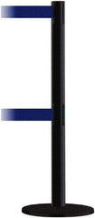 Tensator - 38" High, 2-1/2" Pole Diam, Barricade Tape Dispenser - 14" Base Diam, Round Plastic Base, Black Steel Post, 7-1/2' x 1-7/8" Tape, Dual Line Tape, For Outdoor Use - Eagle Tool & Supply