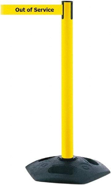 Tensator - 38" High, 2-1/2" Pole Diam, Barricade Tape Dispenser - 14" Base Diam, Round Rubber Base, Yellow Polymer Post, 7-1/2' x 1-7/8" Tape, Single Line Tape, For Outdoor Use - Eagle Tool & Supply