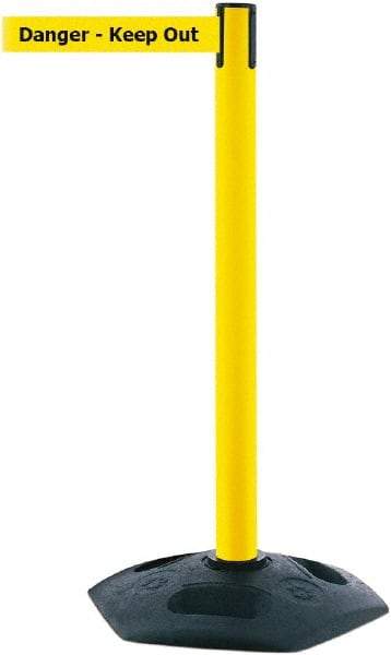 Tensator - 38" High, 2-1/2" Pole Diam, Barricade Tape Dispenser - 14" Base Diam, Round Rubber Base, Yellow Polymer Post, 7-1/2' x 1-7/8" Tape, Single Line Tape, For Outdoor Use - Eagle Tool & Supply