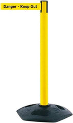 Tensator - 38" High, 2-1/2" Pole Diam, Barricade Tape Dispenser - 14" Base Diam, Round Rubber Base, Yellow Polymer Post, 7-1/2' x 1-7/8" Tape, Single Line Tape, For Outdoor Use - Eagle Tool & Supply