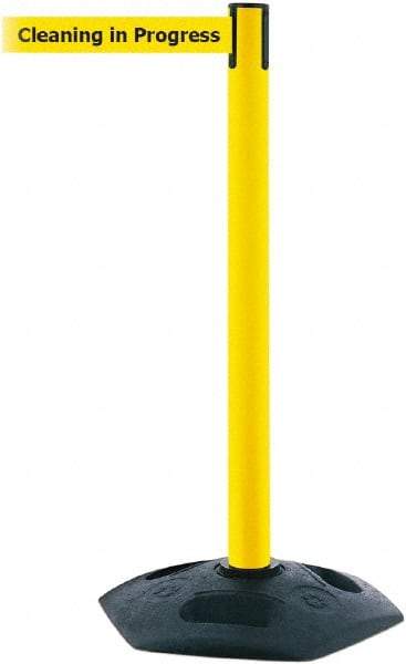 Tensator - 38" High, 2-1/2" Pole Diam, Barricade Tape Dispenser - 14" Base Diam, Round Rubber Base, Yellow Polymer Post, 7-1/2' x 1-7/8" Tape, Single Line Tape, For Outdoor Use - Eagle Tool & Supply