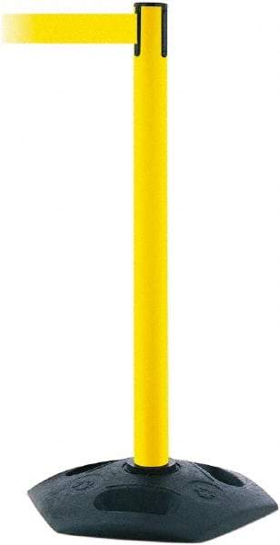 Tensator - 38" High, 2-1/2" Pole Diam, Barricade Tape Dispenser - 14" Base Diam, Round Rubber Base, Yellow Polymer Post, 7-1/2' x 1-7/8" Tape, Single Line Tape, For Outdoor Use - Eagle Tool & Supply