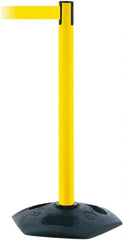 Tensator - 38" High, 2-1/2" Pole Diam, Barricade Tape Dispenser - 14" Base Diam, Round Rubber Base, Yellow Polymer Post, 7-1/2' x 1-7/8" Tape, Single Line Tape, For Outdoor Use - Eagle Tool & Supply