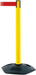 Tensator - 38" High, 2-1/2" Pole Diam, Barricade Tape Dispenser - 14" Base Diam, Round Rubber Base, Yellow Polymer Post, 7-1/2' x 1-7/8" Tape, Single Line Tape, For Outdoor Use - Eagle Tool & Supply