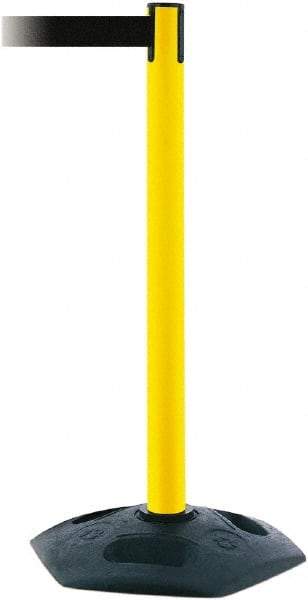 Tensator - 38" High, 2-1/2" Pole Diam, Barricade Tape Dispenser - 14" Base Diam, Round Rubber Base, Yellow Polymer Post, 7-1/2' x 1-7/8" Tape, Single Line Tape, For Outdoor Use - Eagle Tool & Supply