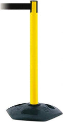 Tensator - 38" High, 2-1/2" Pole Diam, Barricade Tape Dispenser - 14" Base Diam, Round Rubber Base, Yellow Polymer Post, 7-1/2' x 1-7/8" Tape, Single Line Tape, For Outdoor Use - Eagle Tool & Supply