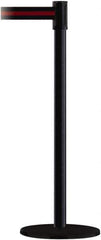 Tensator - 38" High, 2" Pole Diam, Barricade Tape Dispenser - 14" Base Diam, Round Plastic Base, Black Steel Post, 7-1/2' x 1-7/8" Tape, Single Line Tape, For Outdoor Use - Eagle Tool & Supply