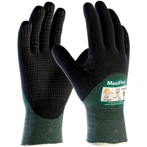 ‎34-8453/XL Cut Resistant Glove - MaxiFlex Cut - Green Eng Yarn - Black 3/4 MicroFoam Nitrile Dot Grip - A2 - Exact Industrial Supply