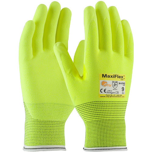 ‎34-8743FY/M Cut Resistant Gloves - MaxiFlex Cut - HiVis Yellow Eng Yarn Shell & Nitrile MicroFoam Grip - A2 - Exact Industrial Supply