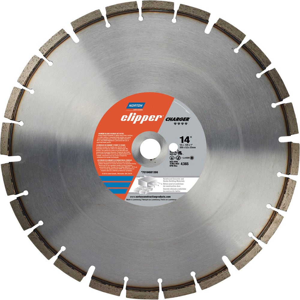 Wet & Dry Cut Saw Blade: 14″ Dia, 1″ Arbor Hole, 0.125″ Kerf Width, 20 Teeth High Speed Steel Teeth, Use on Concrete, Standard Arbor