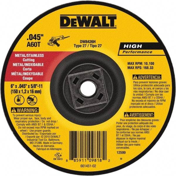 DeWALT - 60 Grit, 6" Wheel Diam, Type 27 Depressed Center Wheel - Aluminum Oxide, Resinoid Bond, 10,100 Max RPM - Eagle Tool & Supply