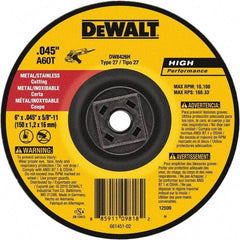 DeWALT - 60 Grit, 6" Wheel Diam, Type 27 Depressed Center Wheel - Aluminum Oxide, Resinoid Bond, 10,100 Max RPM - Eagle Tool & Supply