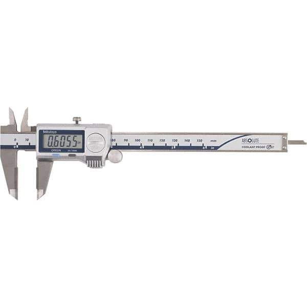 Mitutoyo - 0 to 6" Range 0.01mm Resolution, Electronic Caliper - Steel with 40mm Carbide-Tipped Jaws, 0.001" Accuracy - Eagle Tool & Supply
