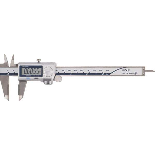 Mitutoyo - 0 to 6" Range 0.01mm Resolution, Electronic Caliper - Steel with 40mm Carbide-Tipped Jaws, 0.001" Accuracy - Eagle Tool & Supply