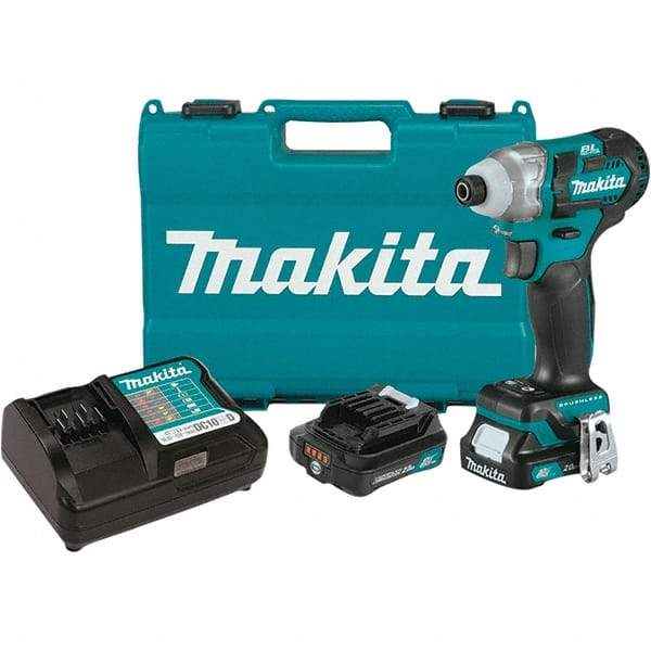 Makita - 12 Volt, 1/4" Drive, 100 Ft/Lb Torque, Cordless Impact Driver - Pistol Grip Handle, 3000 RPM, 2 Lithium-Ion Batteries Included - Eagle Tool & Supply