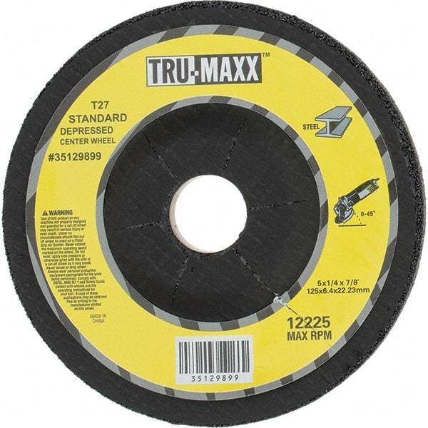 Tru-Maxx - 24 Grit, 5" Wheel Diam, 1/4" Wheel Thickness, 7/8" Arbor Hole, Type 27 Depressed Center Wheel - Coarse Grade, Aluminum Oxide, R Hardness, Compatible with Angle Grinder - Eagle Tool & Supply