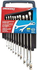 Crescent - 10 Piece, 8mm to 19mm, 12 Point Combination Wrench Set - Metric Measurement Standard, Full Polish Chrome Finish - Eagle Tool & Supply