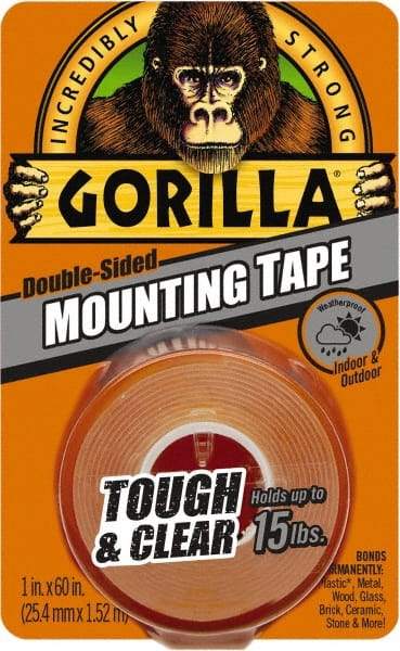Gorilla Tape - 1" x 60" Acrylic Adhesive Double Sided Tape - 43 mil Thick, Clear, Polyethylene Film Liner, Continuous Roll - Eagle Tool & Supply