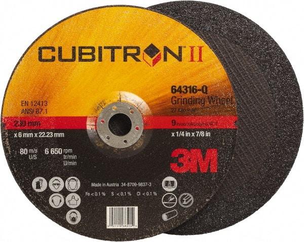 3M - 36 Grit, 9" Wheel Diam, 1/4" Wheel Thickness, 7/8" Arbor Hole, Type 27 Depressed Center Wheel - Coarse Grade, Ceramic, Resinoid Bond, Q Hardness, 6,650 Max RPM, Compatible with Angle Grinder - Eagle Tool & Supply