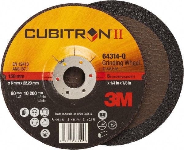 3M - 36 Grit, 6" Wheel Diam, 1/4" Wheel Thickness, 7/8" Arbor Hole, Type 27 Depressed Center Wheel - Coarse Grade, Ceramic, Resinoid Bond, Q Hardness, 10,200 Max RPM, Compatible with Angle Grinder - Eagle Tool & Supply