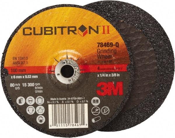 3M - 36 Grit, 4" Wheel Diam, 1/4" Wheel Thickness, 3/8" Arbor Hole, Type 27 Depressed Center Wheel - Coarse Grade, Ceramic, Resinoid Bond, Q Hardness, 15,000 Max RPM, Compatible with Angle Grinder - Eagle Tool & Supply