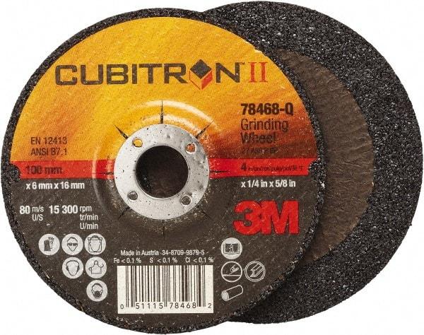 3M - 36 Grit, 4" Wheel Diam, 1/4" Wheel Thickness, 5/8" Arbor Hole, Type 27 Depressed Center Wheel - Coarse Grade, Ceramic, Resinoid Bond, Q Hardness, 15,000 Max RPM, Compatible with Angle Grinder - Eagle Tool & Supply