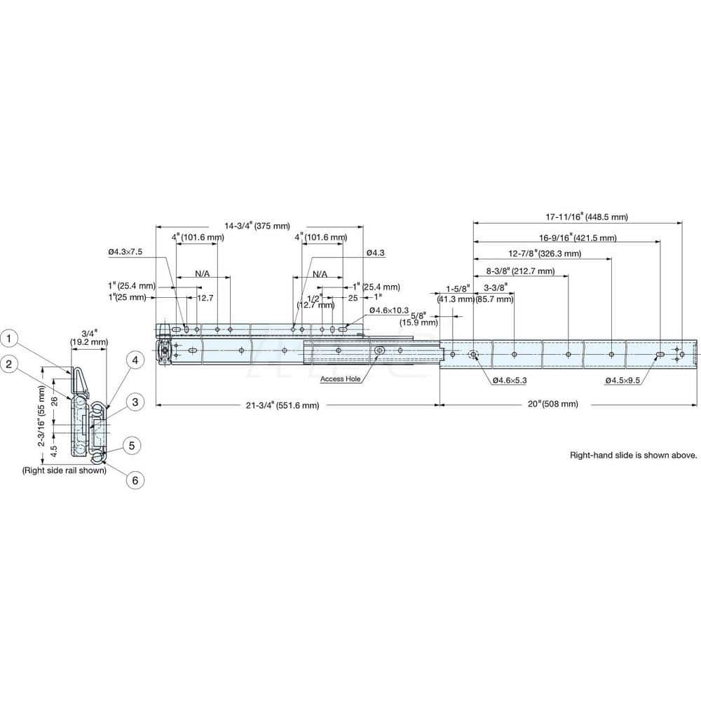 Drawer Slides; Type: Drawer Slide; Extension Style: Full; Slide Length: 508.00; Travel Length: 551.60; Load Capacity (Lb.): 114.000; Width (Inch): 0.76; Finish/Coating: Zinc Plated; Additional Information: Mounting Type: Side; Closure Type: Conventional;