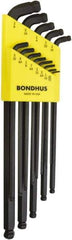 Bondhus - 13 Piece L-Key Ball End Hex Key Set - Hex Range 0.05 to 3/8", Protanium High Torque Steel - Eagle Tool & Supply