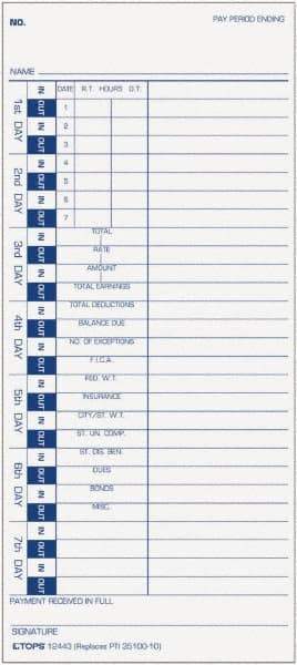 TOPS - 9" High x 4" Wide Weekly Time Cards - White, Use with Pyramid 35100-10 - Eagle Tool & Supply