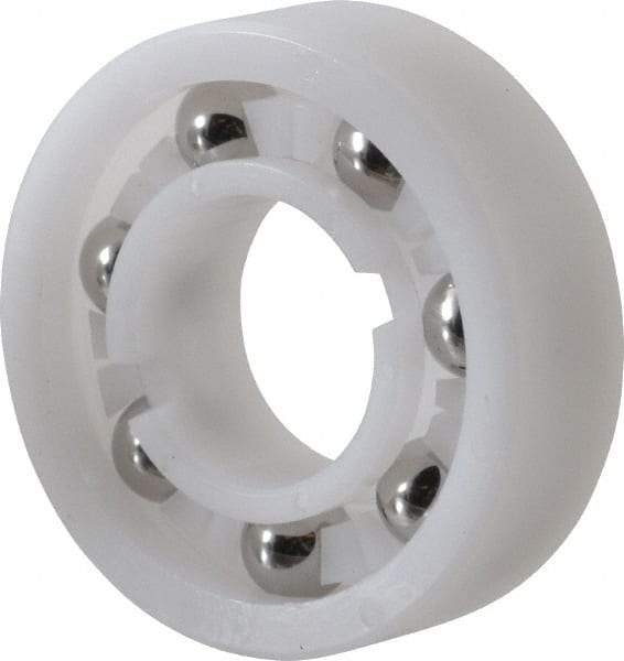 Made in USA - 5/8" Bore Diam, 1-3/8" OD, Open Plastic Race Radial Ball Bearing - 7/16" Wide, 1 Row, Round Bore, 46 Lb Static Capacity, 69 Lb Dynamic Capacity - Eagle Tool & Supply