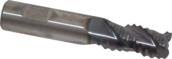 Accupro - 3/8" Diam, Coarse Pitch, 5/8" LOC, 3 Flute Solid Carbide Roughing Square End Mill - AlTiN Finish, 2" OAL, 3/8" Shank Diam, Single End, Centercutting, 30° Helix - Eagle Tool & Supply