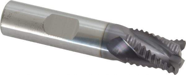 Accupro - 1/2" Diam, Coarse Pitch, 5/8" LOC, 4 Flute Solid Carbide Roughing Square End Mill - AlTiN Finish, 2-1/2" OAL, 1/2" Shank Diam, Single End, Centercutting, 30° Helix - Eagle Tool & Supply