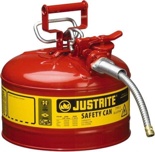 Justrite - 2.5 Gal Galvanized Steel Type II Safety Can - 12" High x 11-3/4" Diam, Red with Yellow - Eagle Tool & Supply