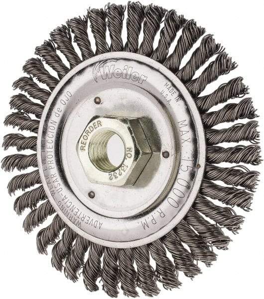 Weiler - 4-1/2" OD, 5/8" Arbor Hole, Knotted Steel Wheel Brush - 3/16" Face Width, 7/8" Trim Length, 0.02" Filament Diam, 12,500 RPM - Eagle Tool & Supply