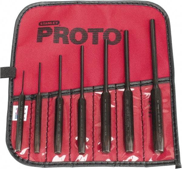 Proto - 7 Piece, 1/16 to 1/4", Pin Punch Set - Hex Shank, Steel, Comes in Tool Roll - Eagle Tool & Supply